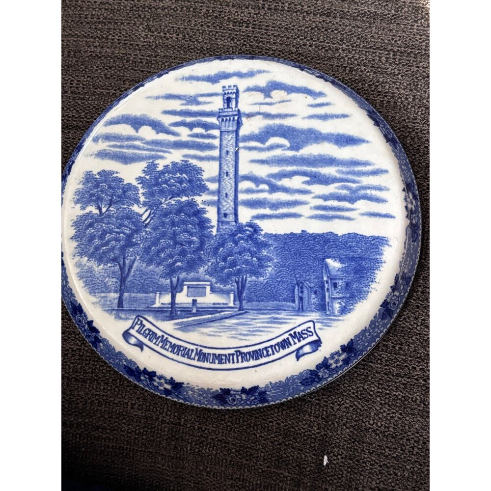 Vintage Hotplate Blue Transferware Pilgrim Memorial Monument Provincetown Mass